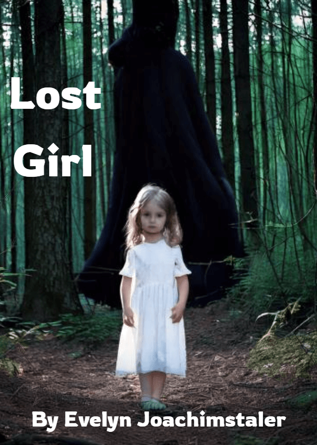 Book cover, the woods, black figure behind a little girl walking through the woods