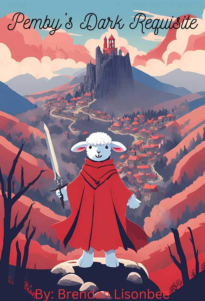 cartoon castle with canyon. Sheep in red coat holding sword.